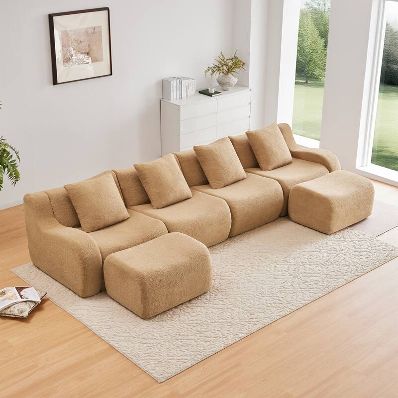 118" Modern U Shaped Modular Sectional Sofa, Boneless Couches for Living Room with Ottoman, 4 Seater Teddy Fabric Couch Sofa Set - Camel