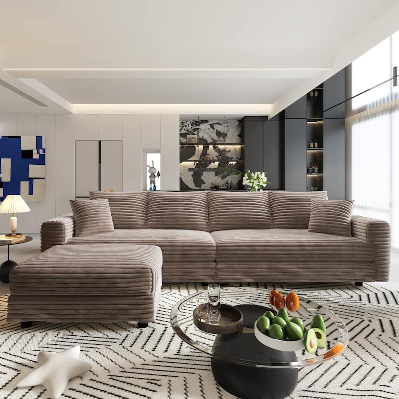 102.4" Plush Corduroy Sectional Sofa with Movable Ottoman - Camel - Reversible