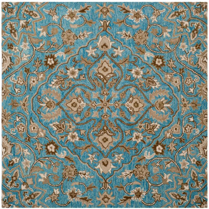 SAFAVIEH Handmade Bella Zaharinka Modern Floral Wool Rug - 5' Square - Blue/Taupe