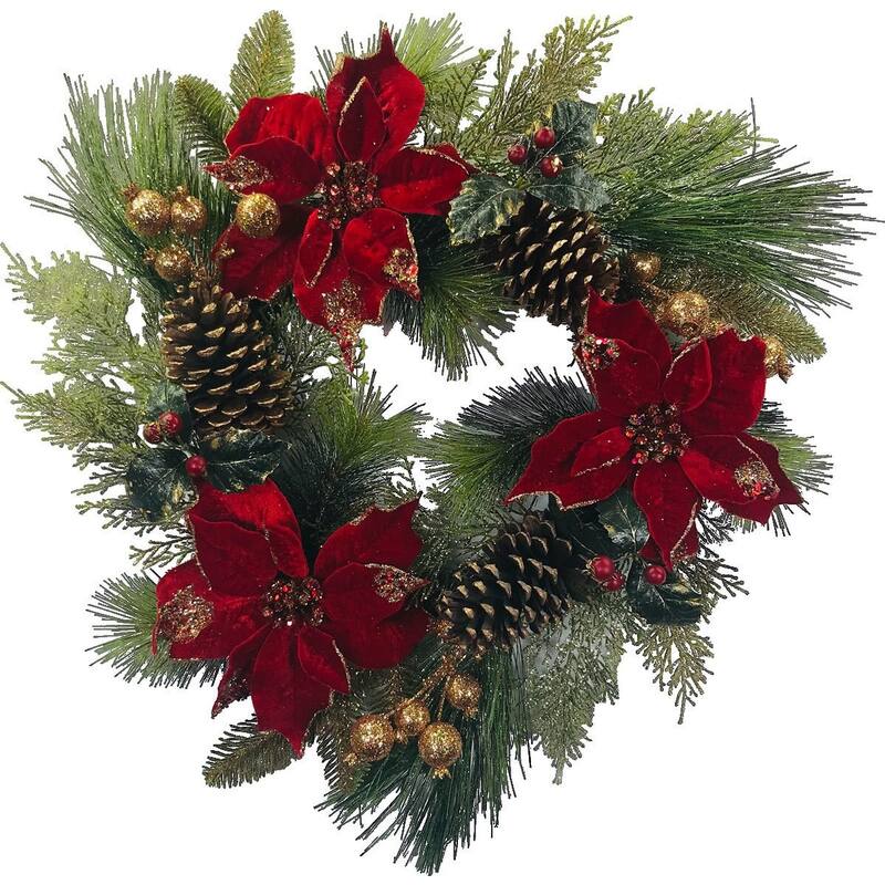 Pine Poinsettia Artificial Wreath Red Gold 24" - Green - 24