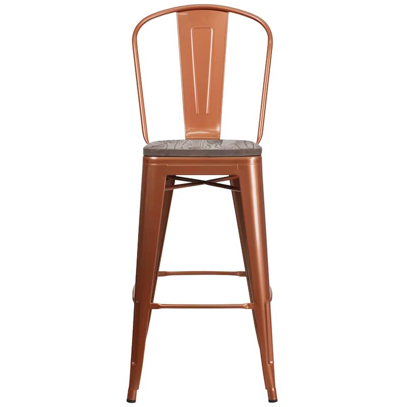 30" High Metal Barstool with Back and Wood Seat - 18"W x 19"D x 46"H - 18"W x 19"D x 46"H
