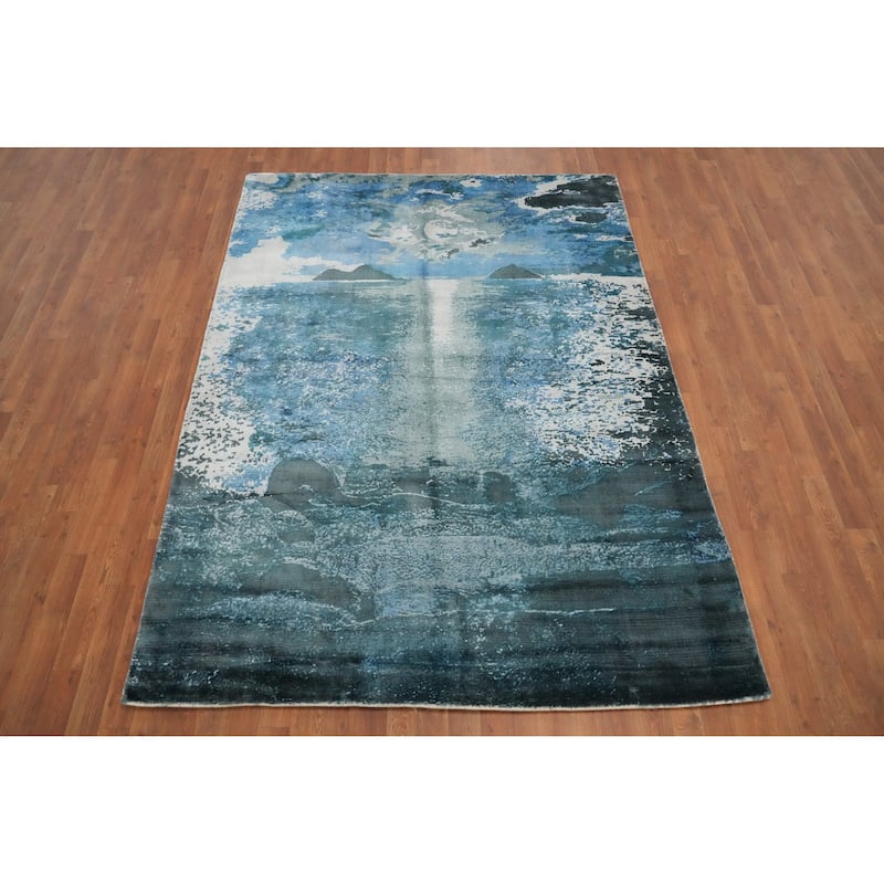 Hand Knotted Oriental Viscose Silk Carpet Modern Pictorial Navy Blue & Blues Abstract Area Rug - 7' 10'' X 5' 8''
