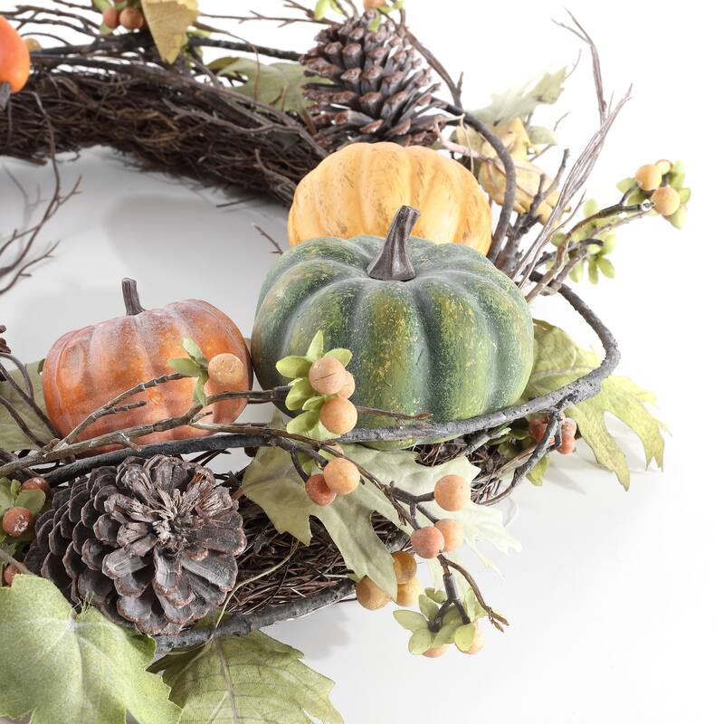 SAFAVIEH Faux 24 Inch Oak Leak Wreath W/ Pumpkins - 24" W x 24" D x 7" H