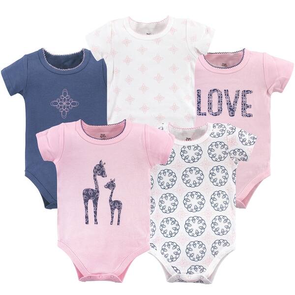 slide 1 of 1, Yoga Sprout Baby Girl Cotton Bodysuits 5pk, Whimsical Giraffe 0-3 Months - Whimsical Giraffe