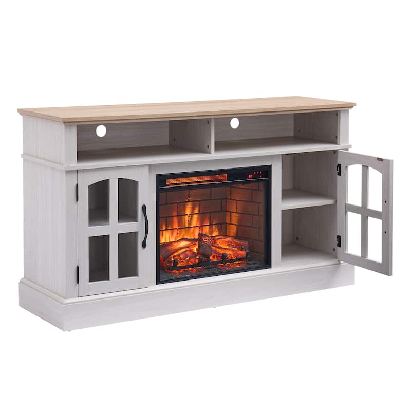 Modern Simple TV Stand with 2 Storage Cabinets and Electric Fireplace for Living Room Home Theater and Bedroom