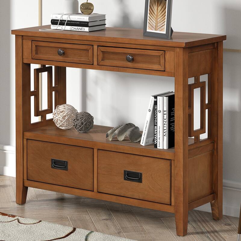 36'' Pine Entryway Table Console Table with 4 Drawers & Open Shelf, Farmhouse Side Table Sofa Table for Entryway Living Room