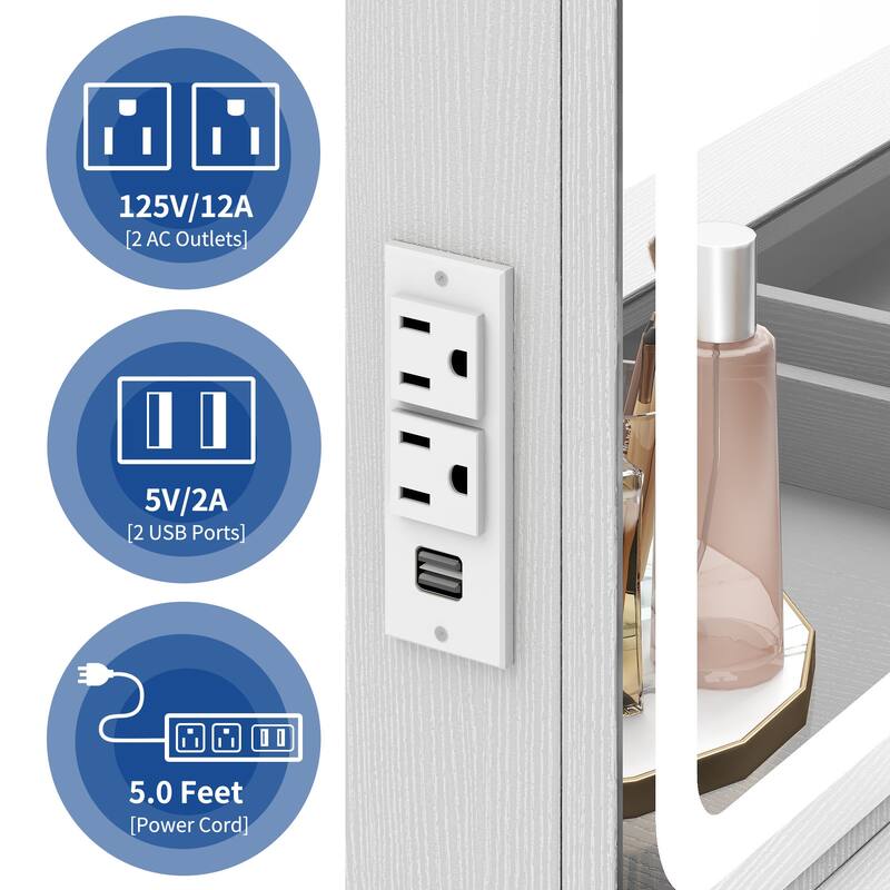 Moasis 45.5" Modern Vanity Table, 8 Drawers, Lights, Mirror, Power Outlet