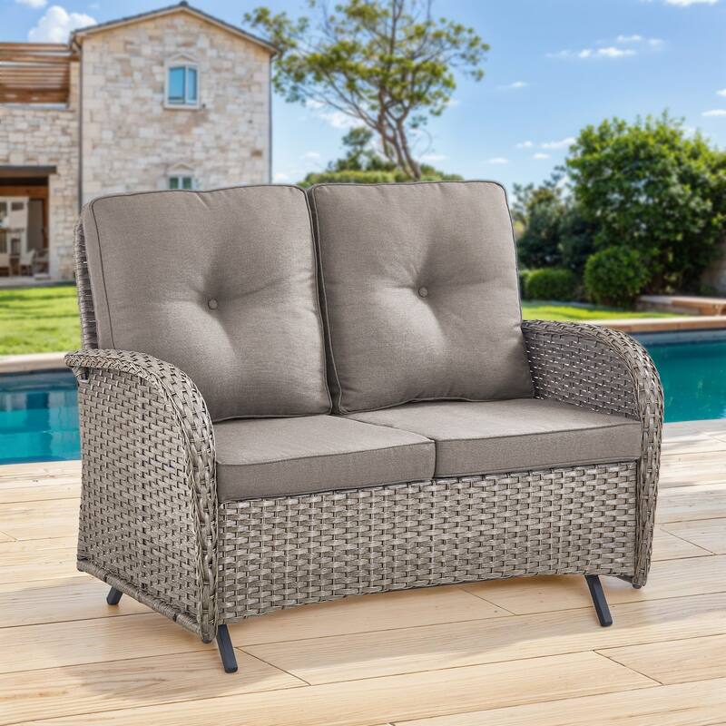 Gymojoy Stylish Patio Loveseat Glider Sofa with Cushions - 1-Piece - Grey Wicker / Grey Cushion