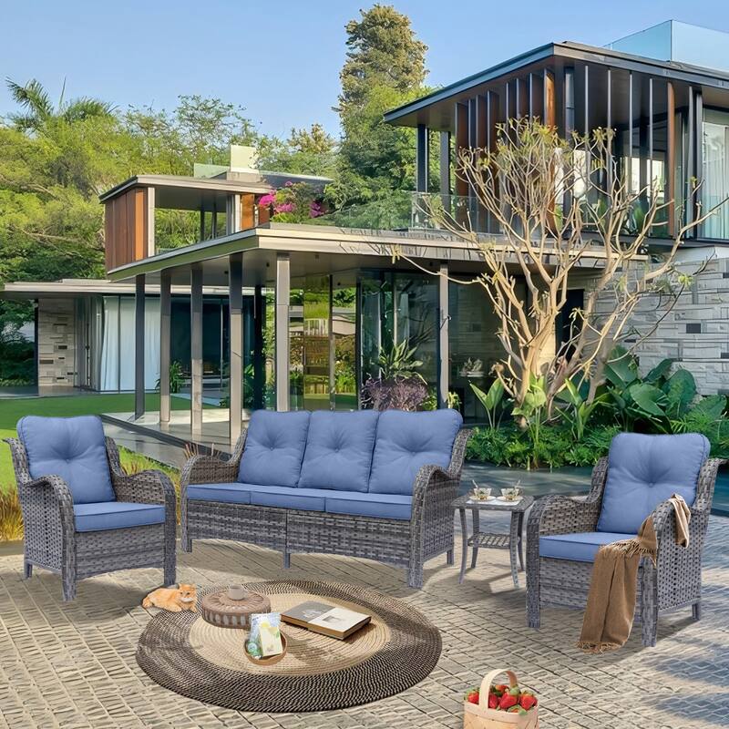 Gray Rattan Wicker High Back Outdoor Patio Furniture Sofa Seating Set