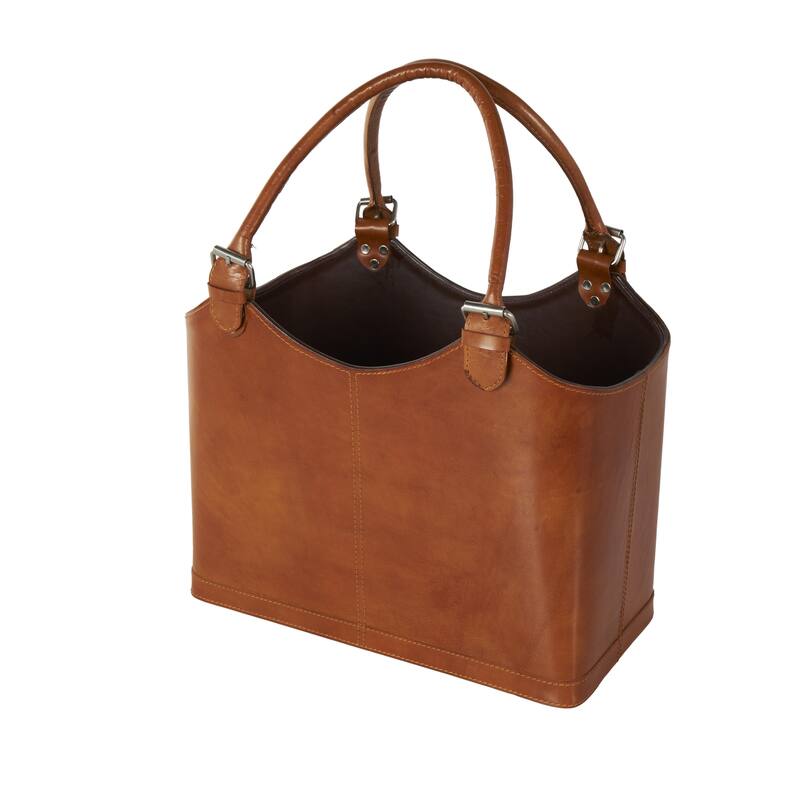 Brown or Black Leather Handmade Box Style Single Slot Decorative Magazine Holder with Detail Stitching and Curved Buckle Handles