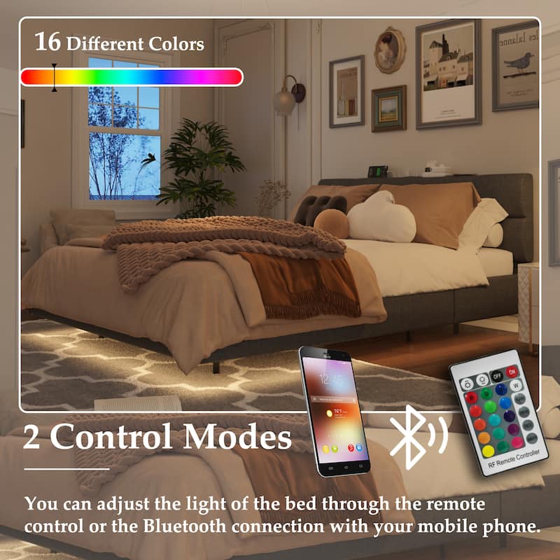 Black Upholstered Bed with LED Lights and Charging Station