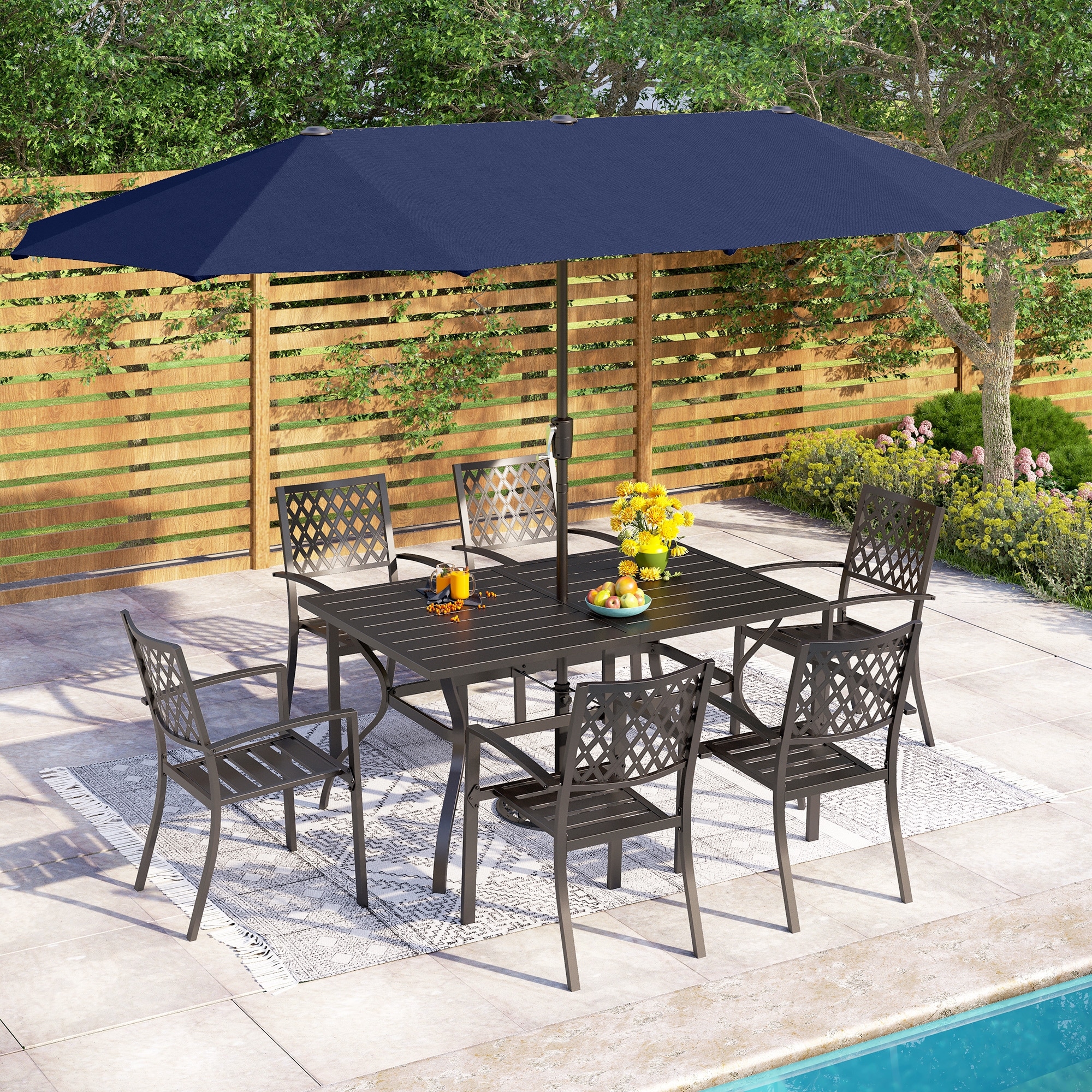 8 pcs patio garden sets tables chairs umbrella SERWALL 8-Pc HDPE Dining Set, 1 Table, 1 & 6 Chairs, White PHI VILLA Dining Set with elegant and classic black design brings unique aesthetic feeling to your patio Outsunny 8-Piece Patio Dining Set