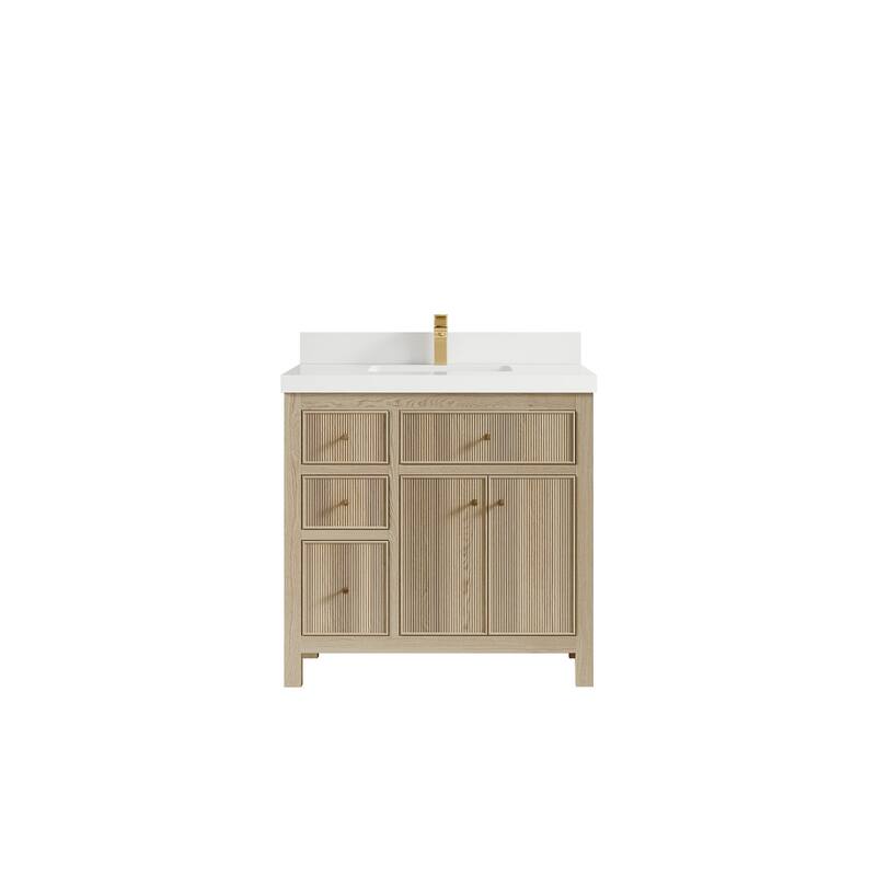 Willow Collections 36 x 22 Sonoma Oak Wood Center Sink Right Bathroom Vanity with Quartz or Marble Countertop