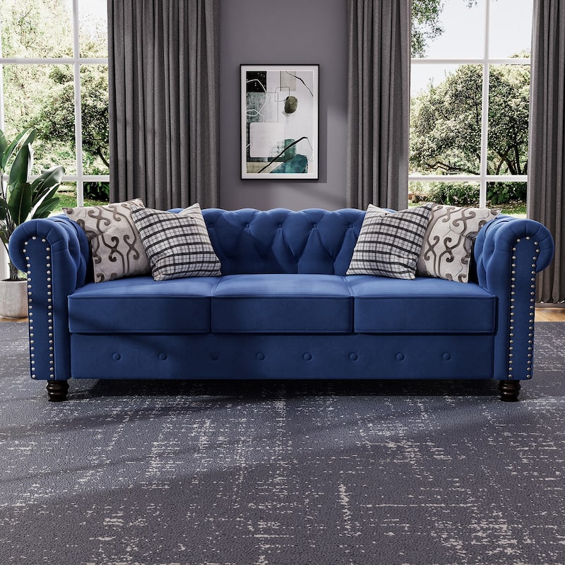 Morden Fort Velvet Upholstered Chesterfield Sofa with Nailhead and Solid Legs for Living Room