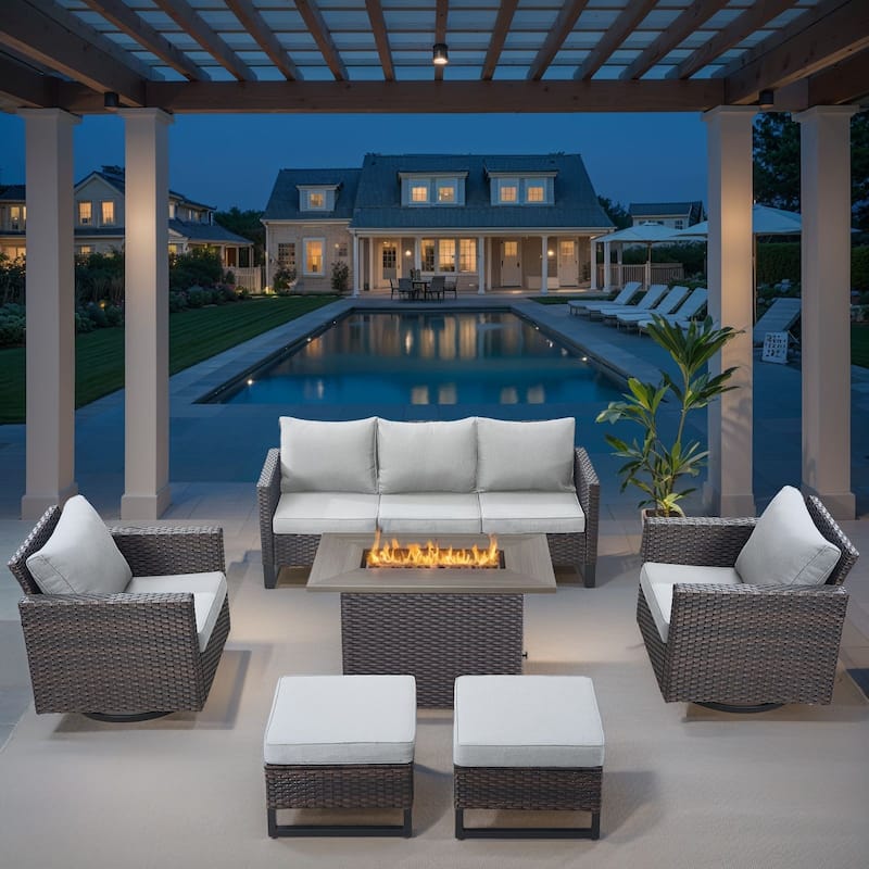 Outdoor Fire Pit Table with Patio Funiture - Brwon Wicker Beige Cushion - 6PCS Sofa Chair Ottoman w/ Fire Table