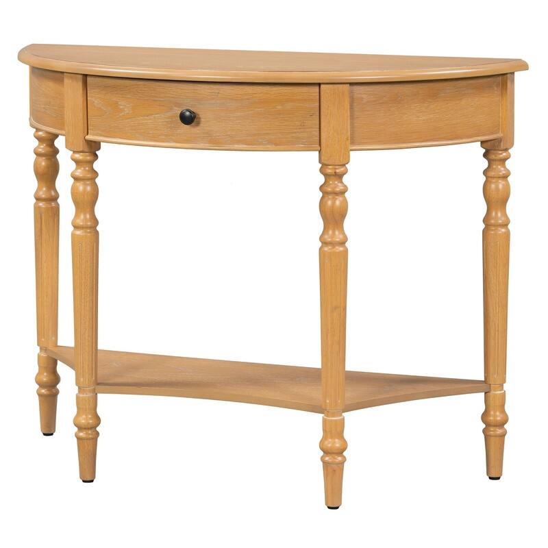 Farmhouse Half Moon Console Table with Drawer and Shelf for Entryway and Living Room Decor