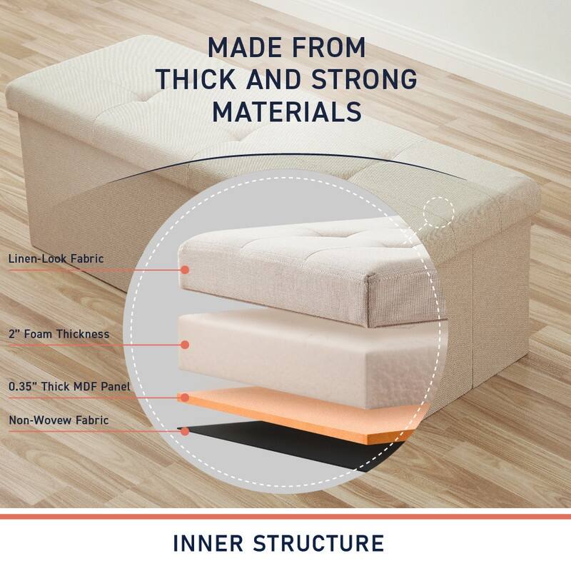 Foldable Tufted Linen Storage Ottoman Bench