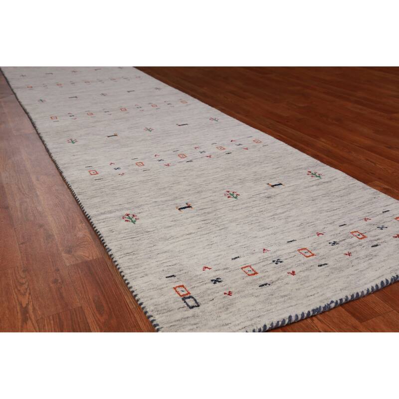 Hand Knotted Oriental 100% Wool Carpet Tribal Animal Pictorial Beige & Ivories Gabbeh Runner Rug - 9' 10'' X 2' 7''
