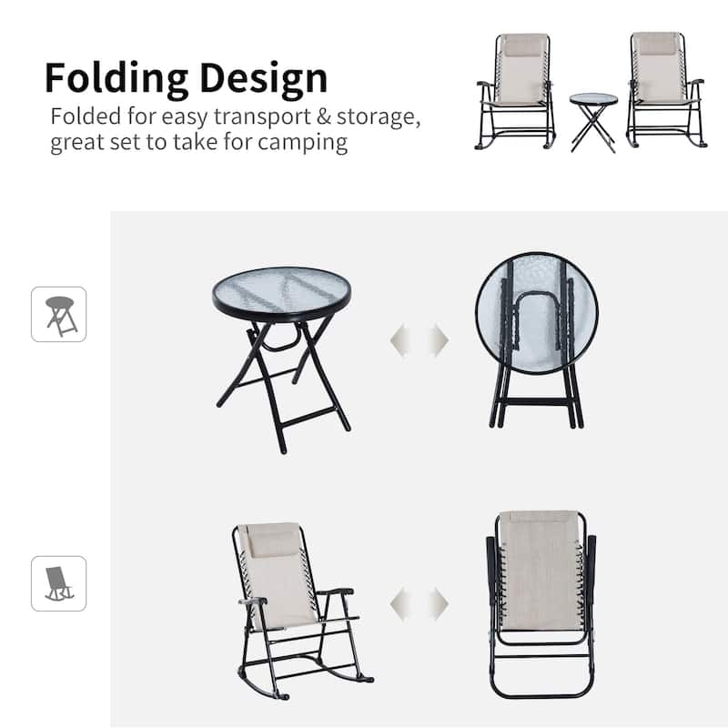 Outsunny 3 PCS Folding Rocking Chair Bistro Set with Table, Cream White
