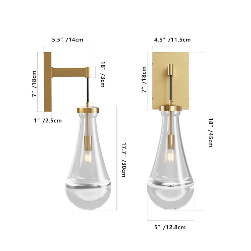 Brass Wall Sconce, Modern Raindrop Glass Shade, Dimmable LED E12 Bulb, Fits Bathroom, Vanity, Living Room, 1 Pack