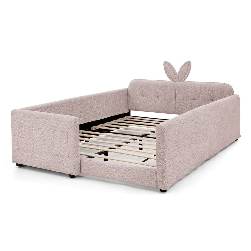 Full Size Upholstered Platform Bed with Bunny Ear Headboard, Safety Rail & Pocket