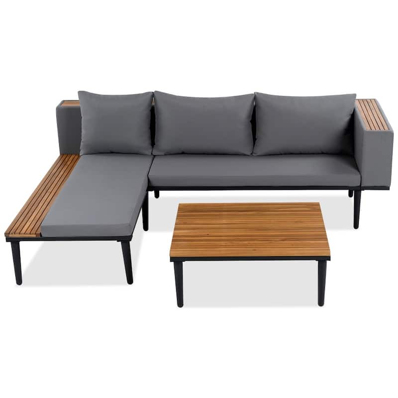 Patio L-shaped Acacia Wood Conversation Sectional Sofa with Removable Cushions and Coffee Table