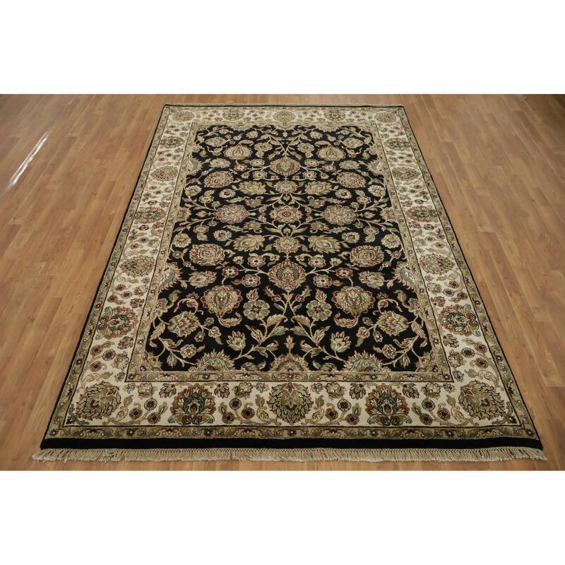 Hand Knotted Oriental 100% Wool Carpet Traditional All-Over Black Agra Area Rug - 9' 2'' X 6' 2''