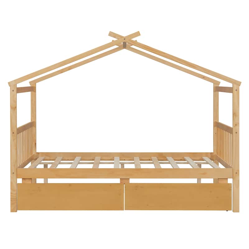 Creativity House Bed Full Size Frame with 2 Wood Drawers for Boys Girls, Wood Platform Bed with Roof No Box Spring Needed