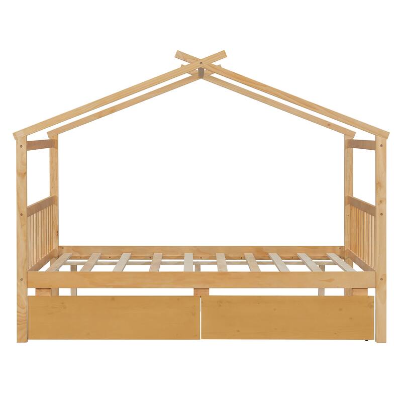 Full Size Wooden House Bed with Drawers, Natural Finish, Sturdy Pinewood Construction