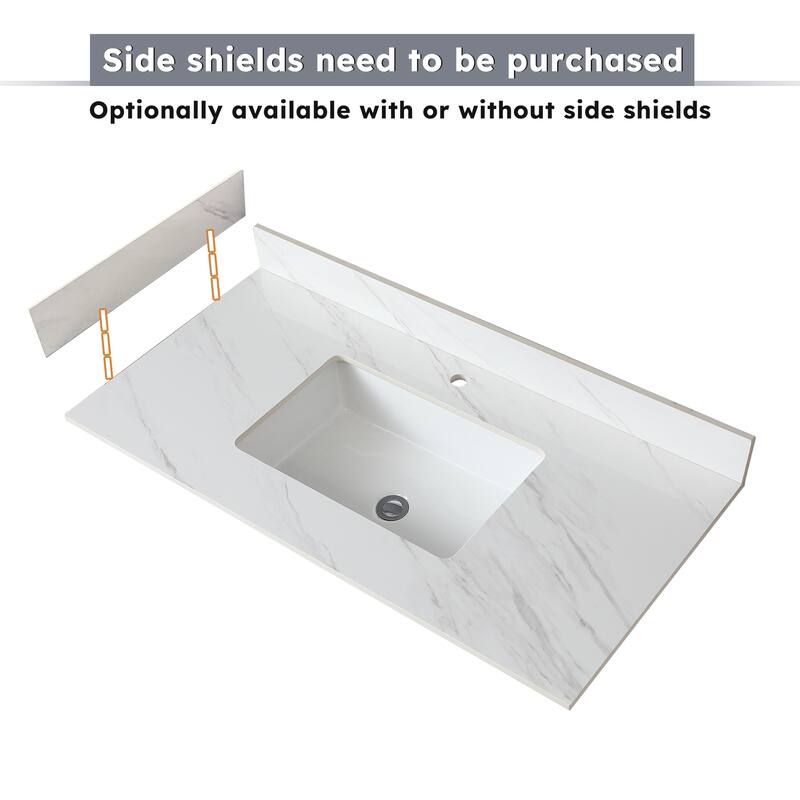 43" Bianco Venato Carrara White Vanity Top with Ceramic Sink, 4" Backsplash, Pre-Drilled Faucet Hole, Sintered Stone Material