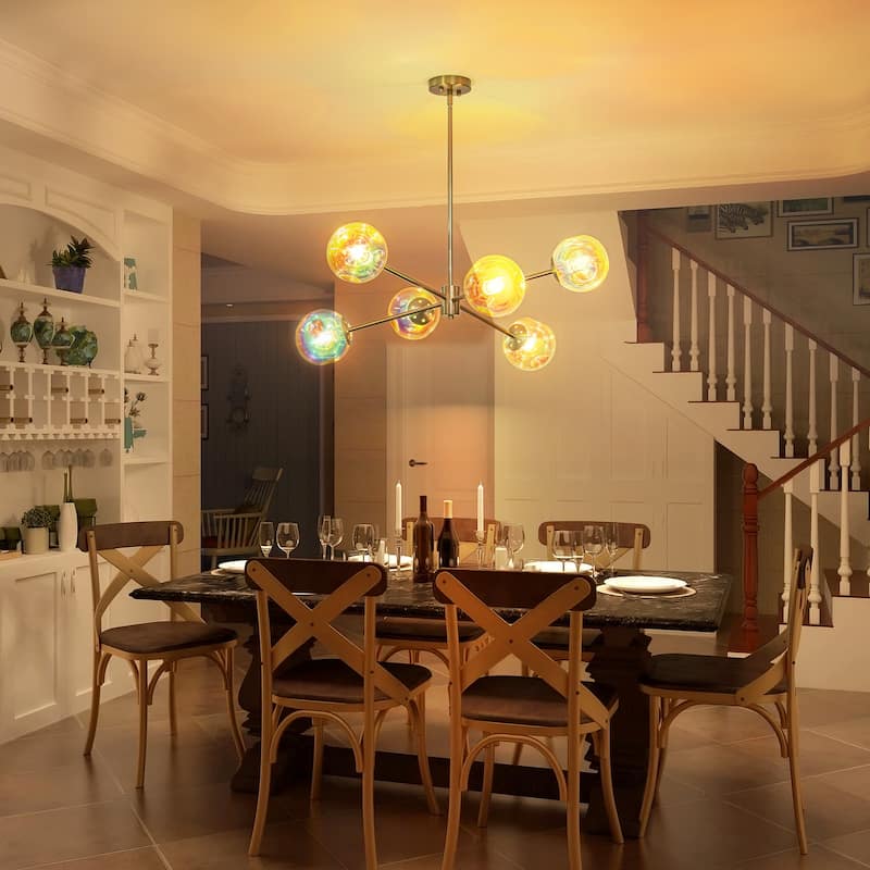 6-Light Modern Brass Iridescent Rainbow Glass Sputnik Chandelier for Dining Room - 6 Light