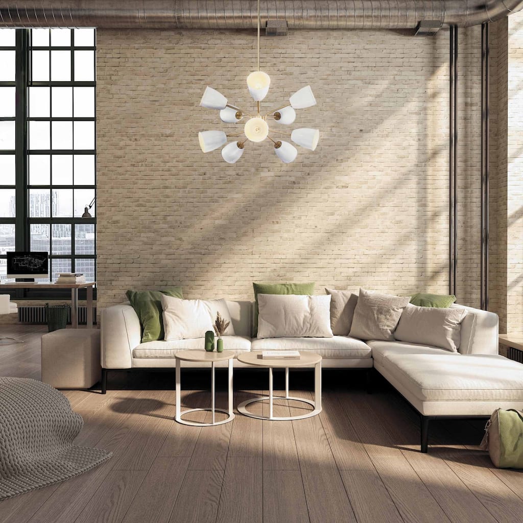 Biba 28.5 in. 10-Light Brushed Gold Modern Chandelier with Ice Mist Metal Shades