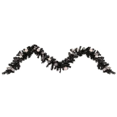 9' x 6" Pre-Lit Decorated Black Pine Artificial Christmas Garland Cool White LED Lights