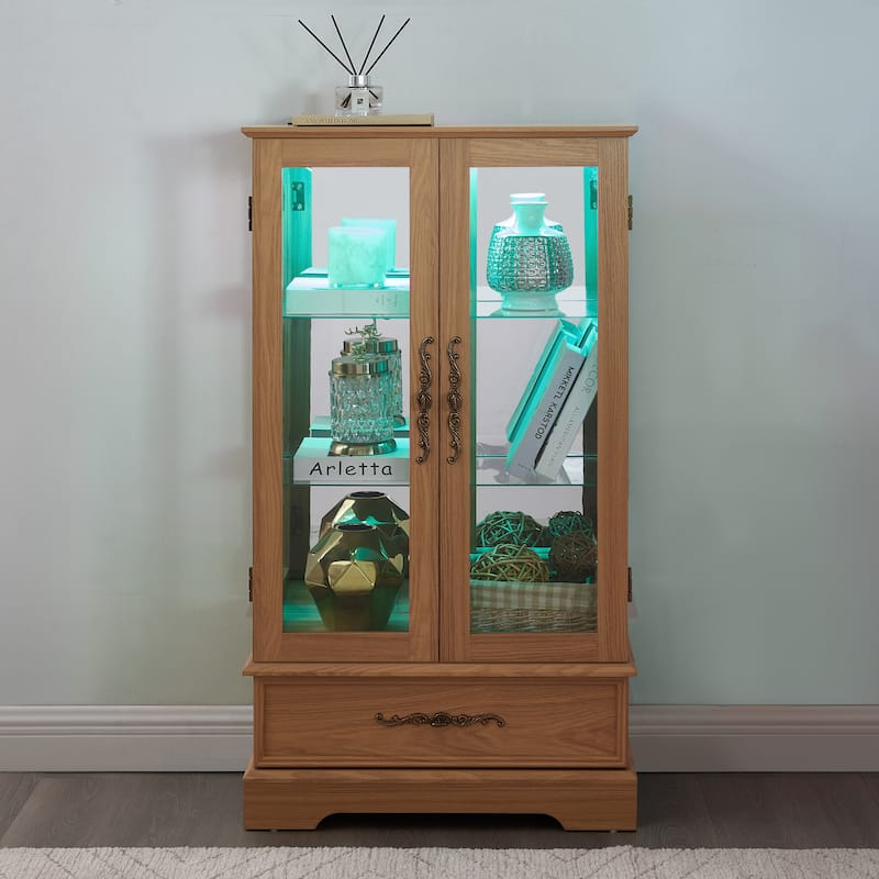 Elegant Lighted Curio Cabinet With Customizable Shelving - Two Glass Doors, Built-In Storage Drawer .