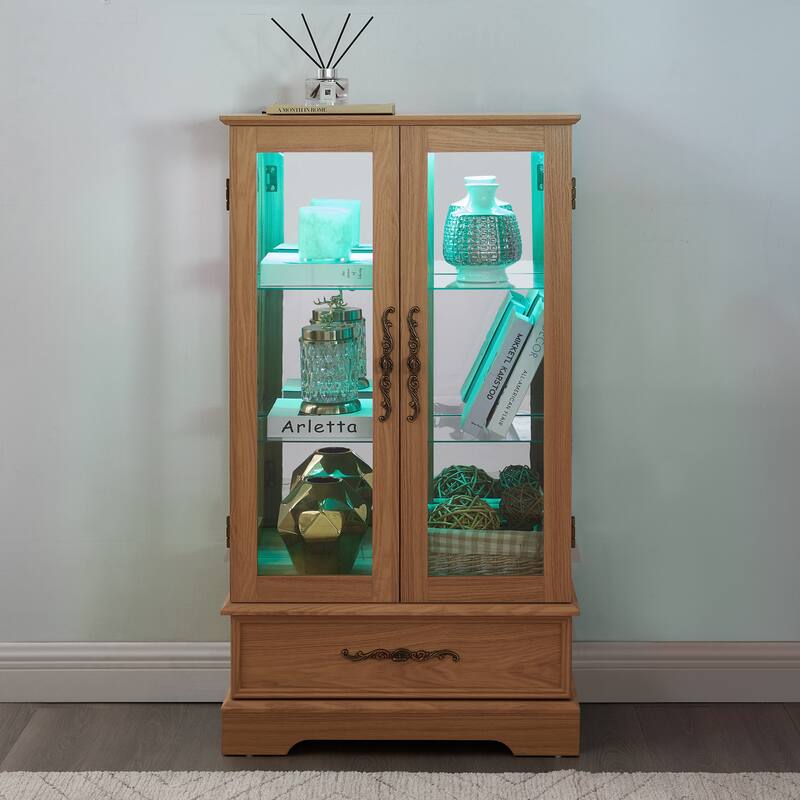 LED Cabinet with 7 Color Lights, 47" H Glass Display Cabinet with 3-Tier Adjustable Shelves, China Cabinet