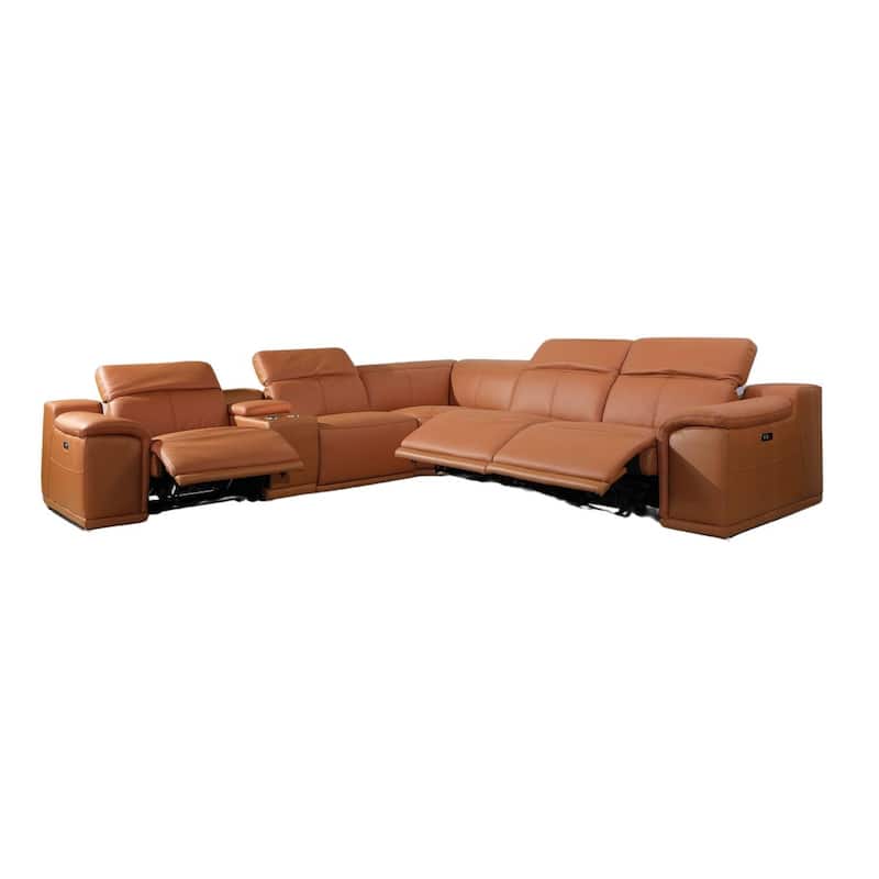 HomeRoots Camel Italian Leather Power Reclining U Shaped Six Piece Corner Sectional With Console