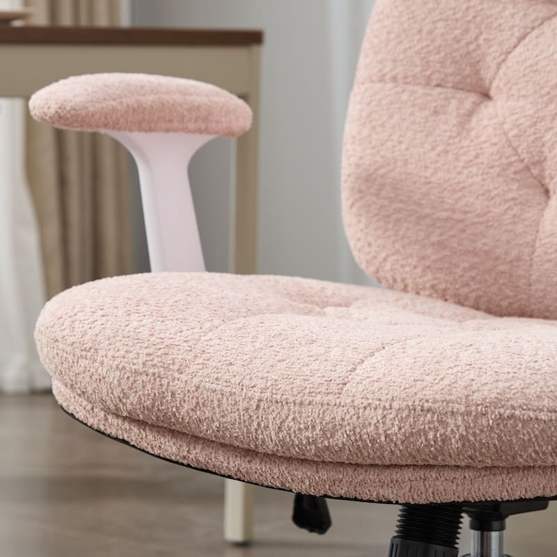 Pink Swivel Chair with Flip-Up Armrests and Crossed Legs