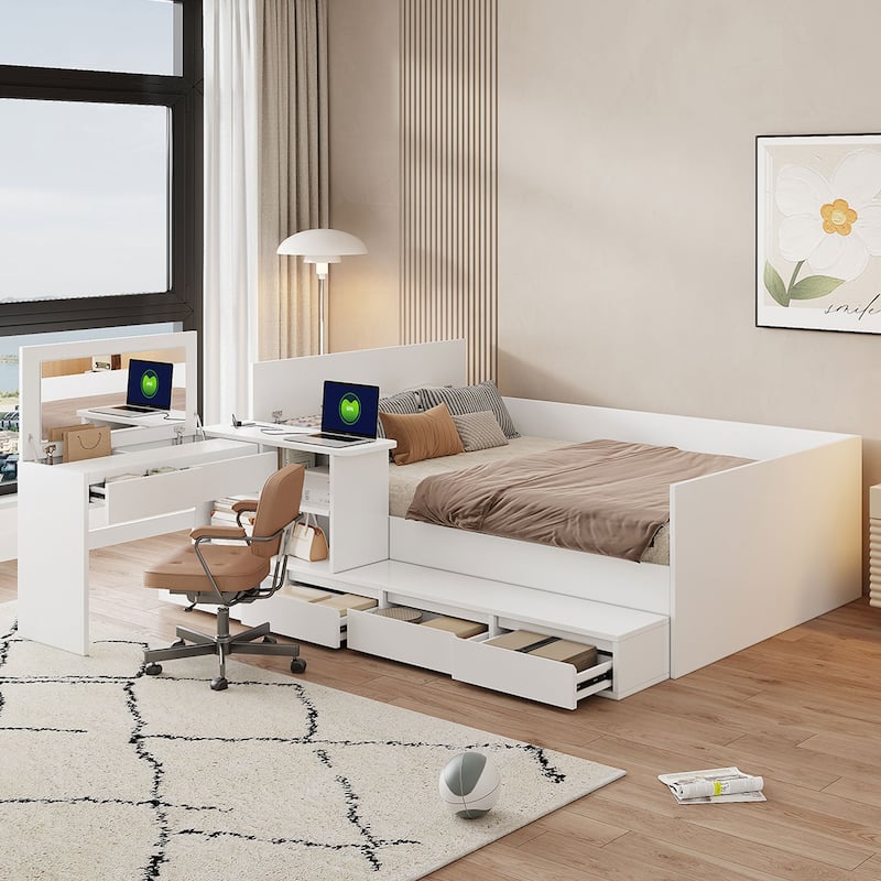 Full Size White Wooden Platform Bed with Drawers, Shelves, and Dressing Table