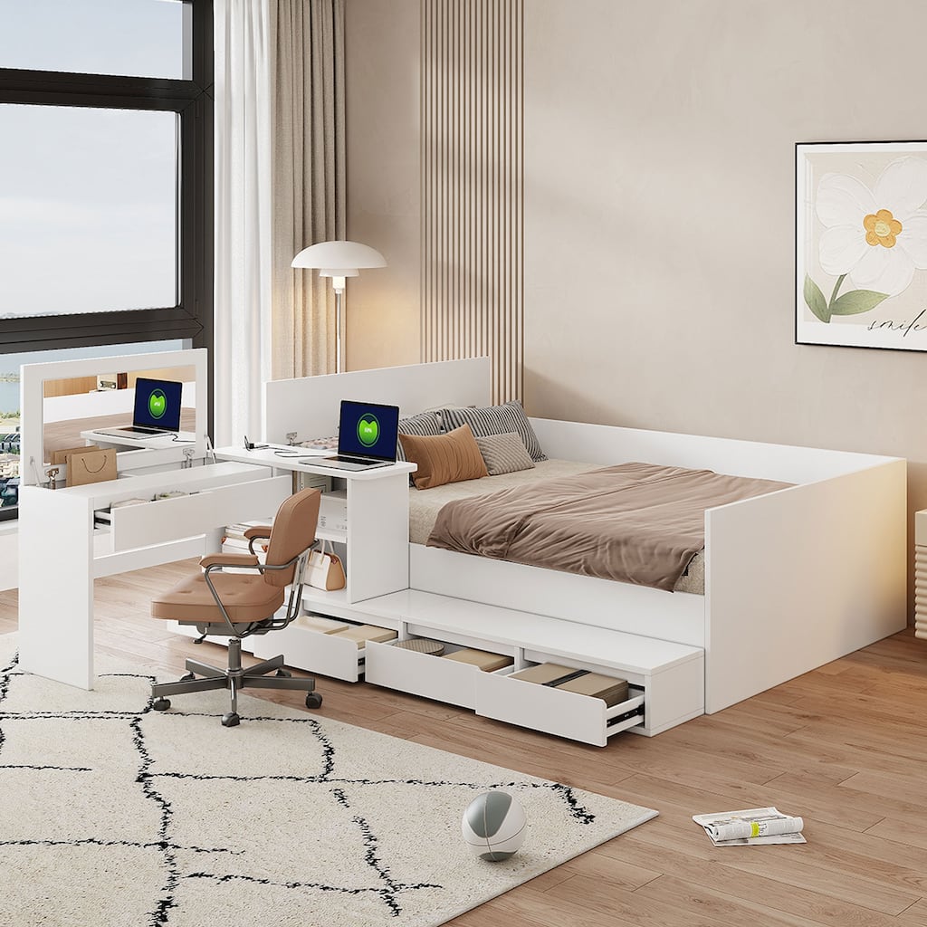 Wooden Platform Bed with L Shaped Dressing Table, Full Size Storage Bed Frame with 6 Drawers, Shelves and Storage Headboard