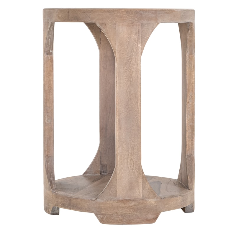 Eray 18 In Round Side Table w Shelf, Light Brown Teak, Mango Wood