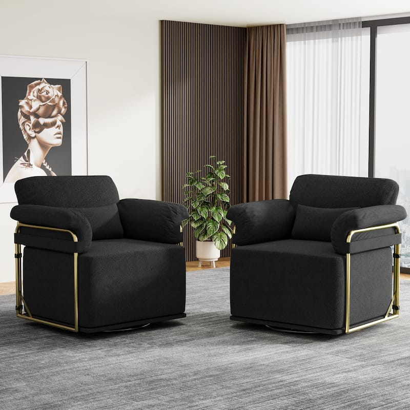 360° Swivel Accent Sofa Chair Fluffy Fabric Gold Legs Black for Living Room