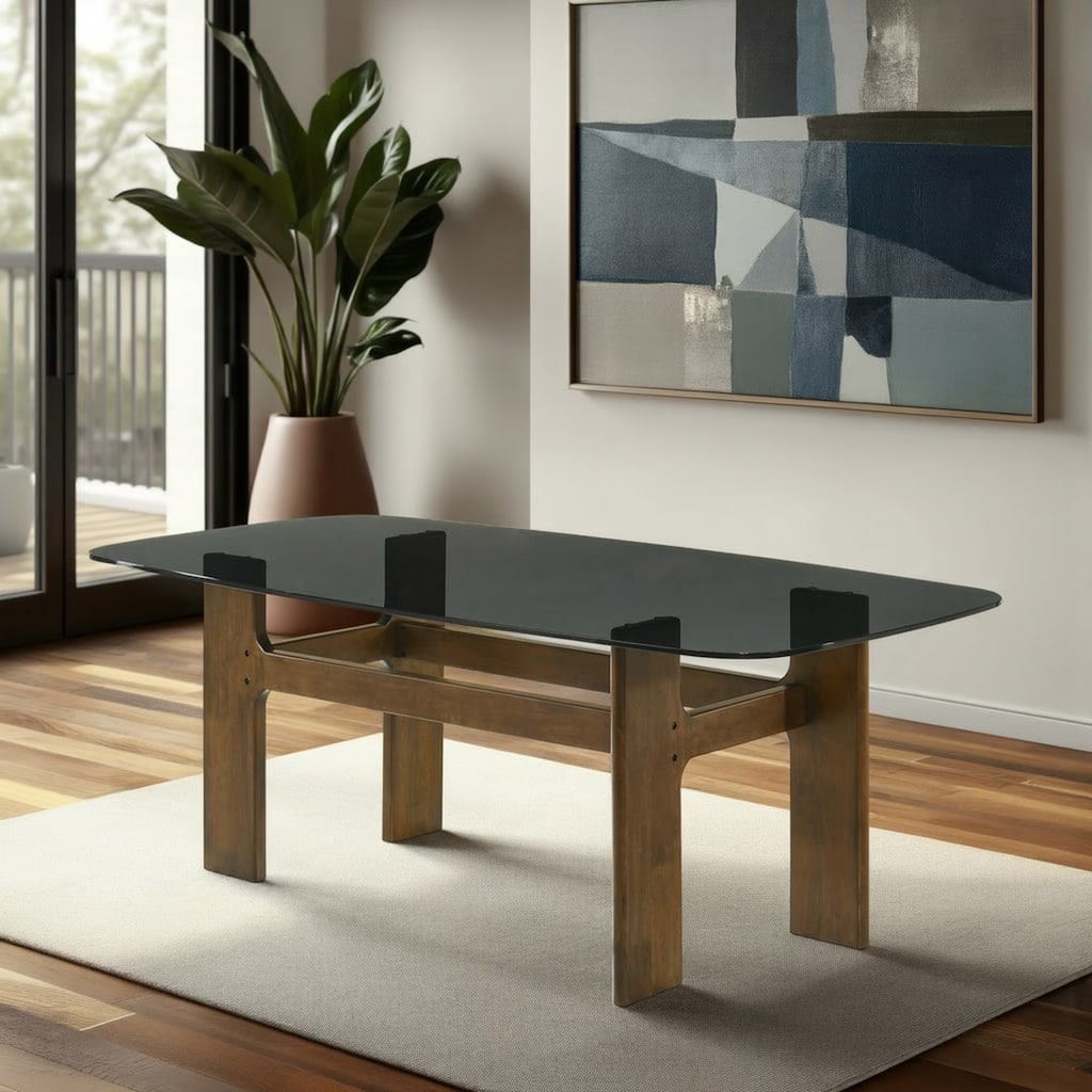 Ileena Mid-Century Modern 79 in. Rectangle Wood Dining Table in Walnut finish with Tempered Glass Top