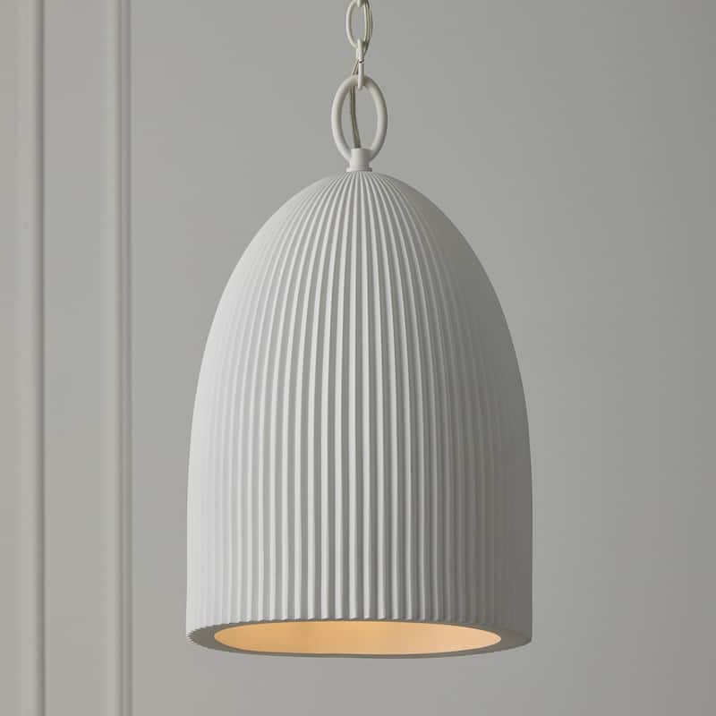 11.25" W x 18.5" H 1-Light Handcrafted Fluted Ceramic Pendant in Matte White - 11"W x 18.5"H