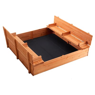 Natural Wooden Sandbox with Foldable Bench Seats and Bottom Liner Perfect Gift for Kids - 52.4” x 47.2” x 16.9”