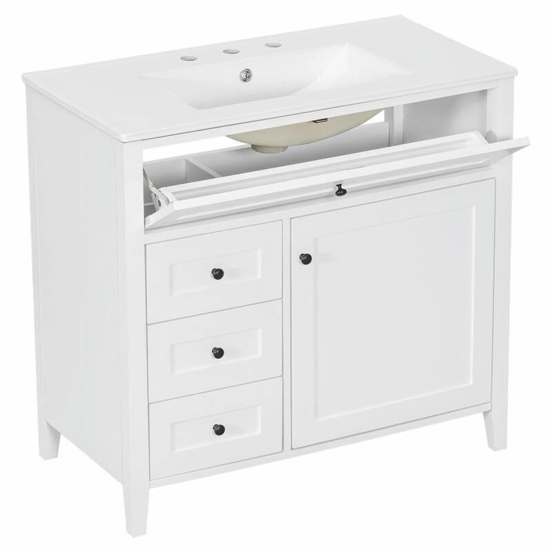 Bathroom Vanity with Sink, Modern MDF and Rubberwood Cabinet with 3 Drawers and Adjustable Shelf
