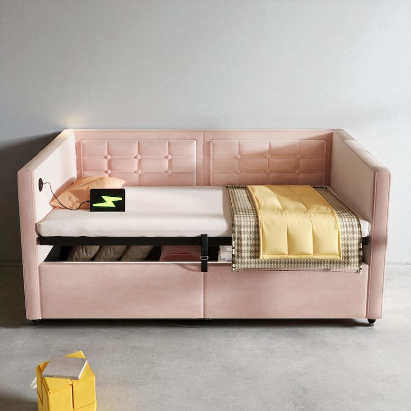 Upholstered Twin Daybed with Hydraulic Storage, USB & Type-C Charging, Velvet Frame with Wooden Slats - Pink - Twin