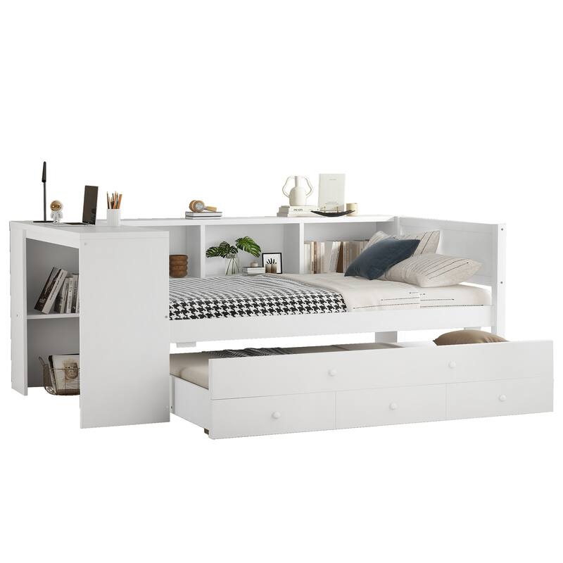 Twin Size Daybed with Trundle, Wood Day Bed Frame with Storage Drawers and Side Shelves, Daybed with Desk, No Spring Box Needed