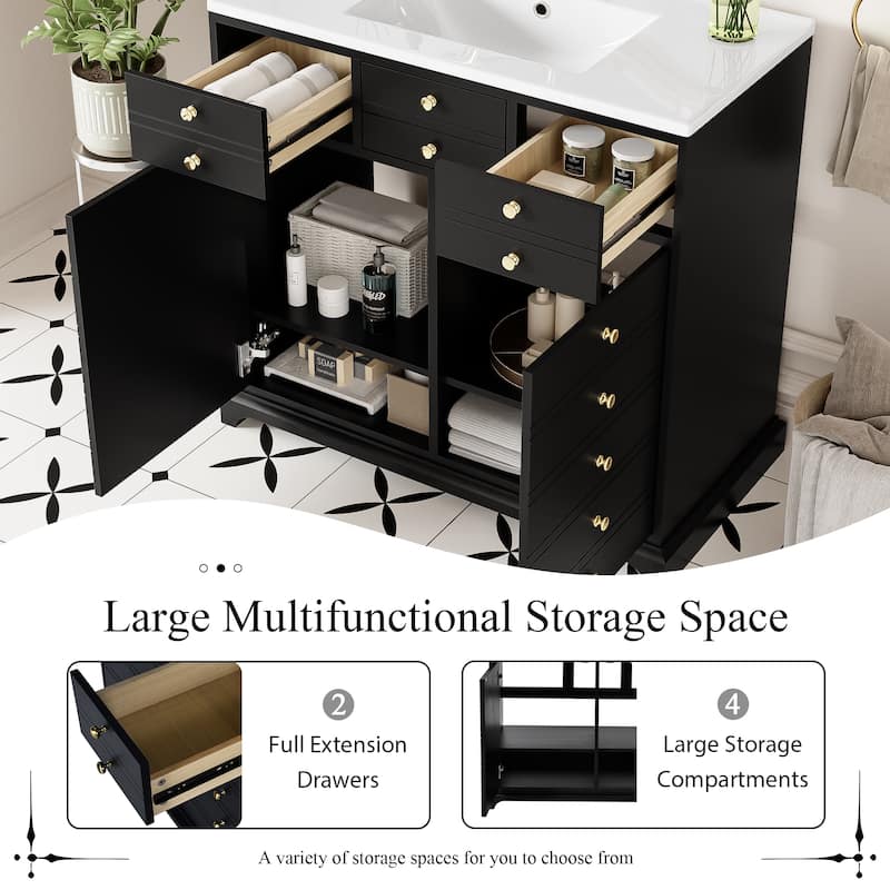 30 Inch Freestanding Bathroom Vanity with Ceramic Basin, MDF Cabinet, 2 Drawers, and 2 Soft-Close Doors
