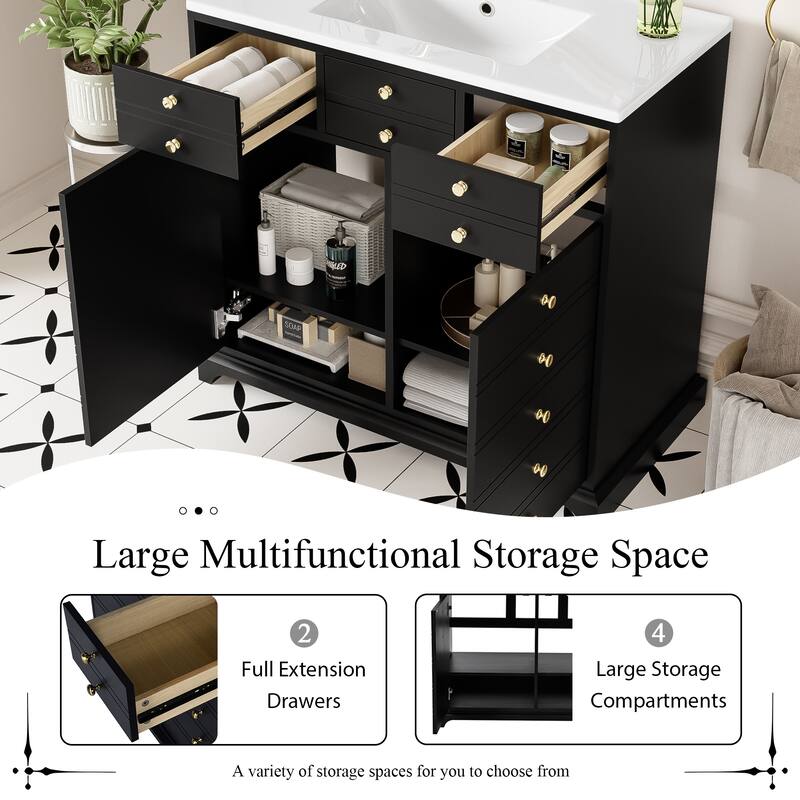 Bathroom Vanity with Ceramic Sink Combo,Solid Wood Frame,Freestanding Vanity Set with 2 Drawers& Soft Closing Doors