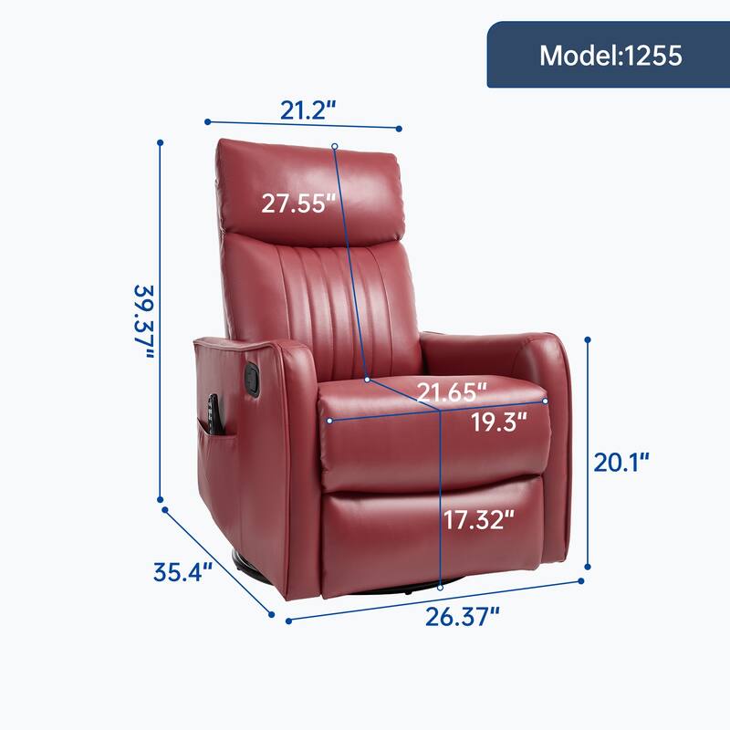 Faux Leather Swivel Recliner Chair, Manual Recliner Chair with Massage & Heat, Glider Rocker Chair with Side Pocket